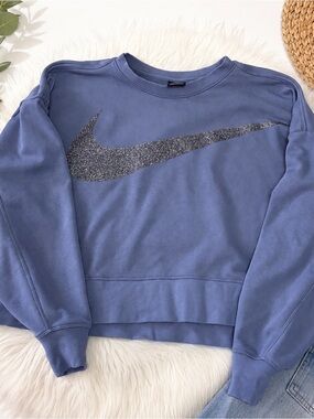 Nike Women’s Dusty Blue Crewneck Sweatshirt with Glitter Swoosh